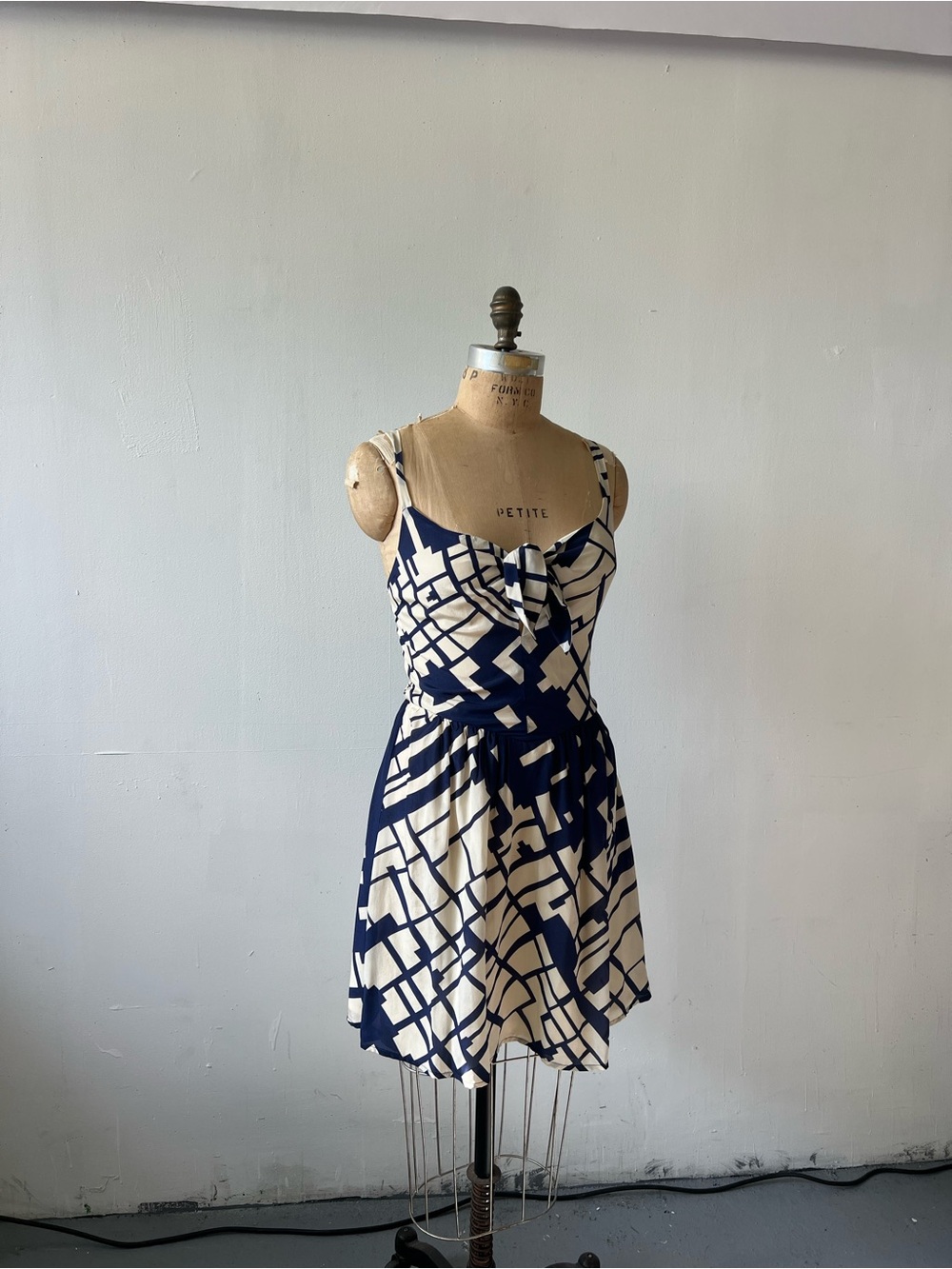Akiko Navy and Cream Abstract Tie-Front Silk Mini Dress